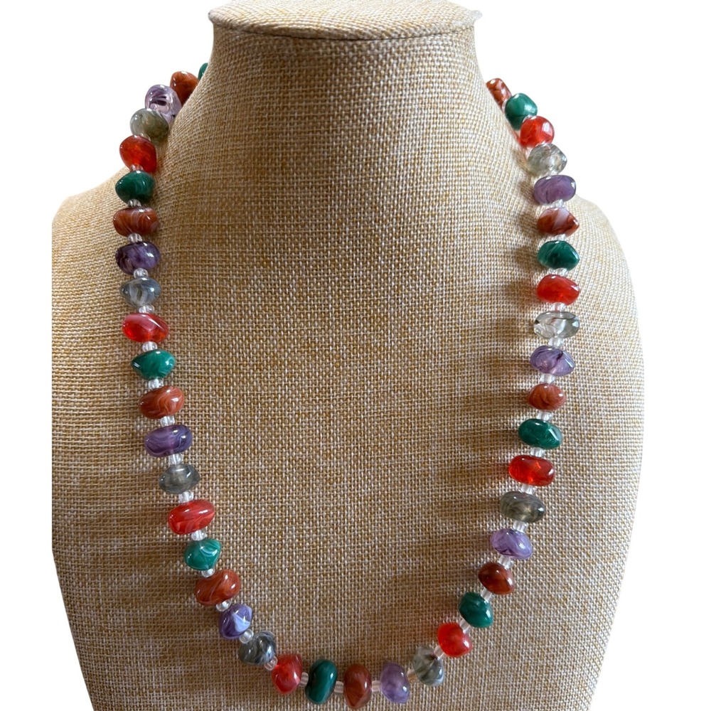 Vintage Multi Color Bead Necklace Gold Tone Spring Ring Clasp  Rainbow Chunky